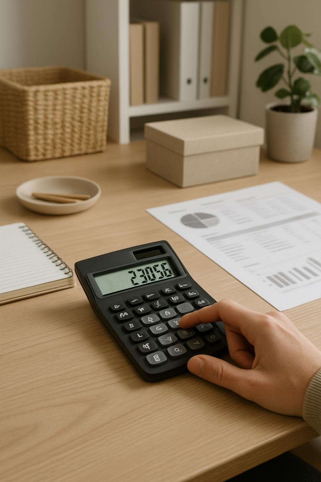 Calculator on desk in office or home setting, with background blur and seasonal might not be applicable.