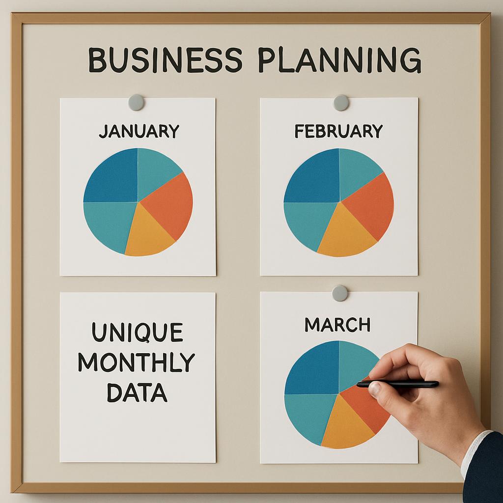 A business planning board with four months and corresponding pie charts for each month, depicting unique monthly data.